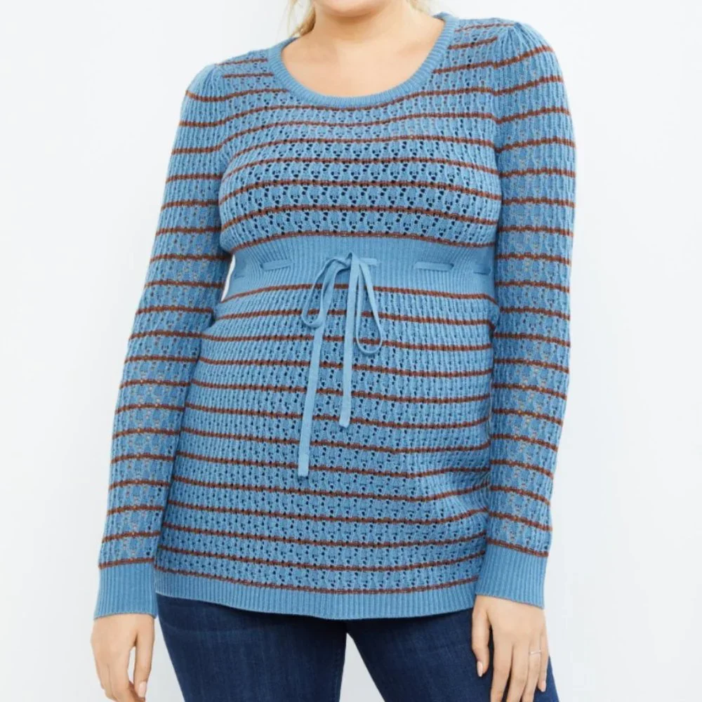 Motherhood Maternity Striped Pointelle Maternity Sweater Provincial Blue…